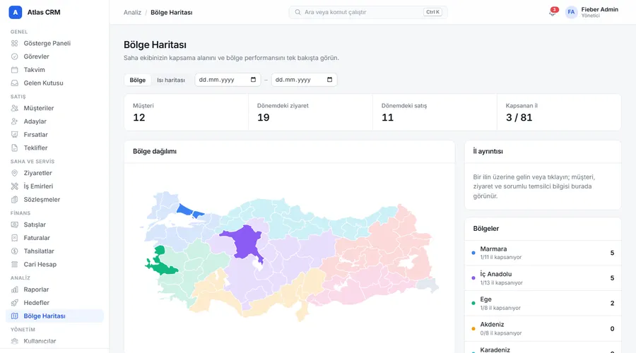 Atlas CRM bölge haritası